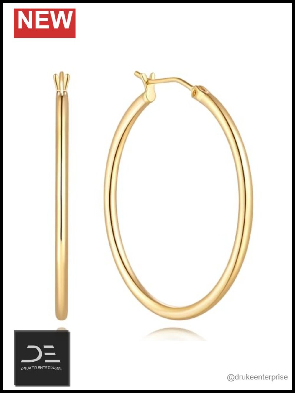 14k Gold Plated Hoop Earrings for Women Hinged Closure 35mm